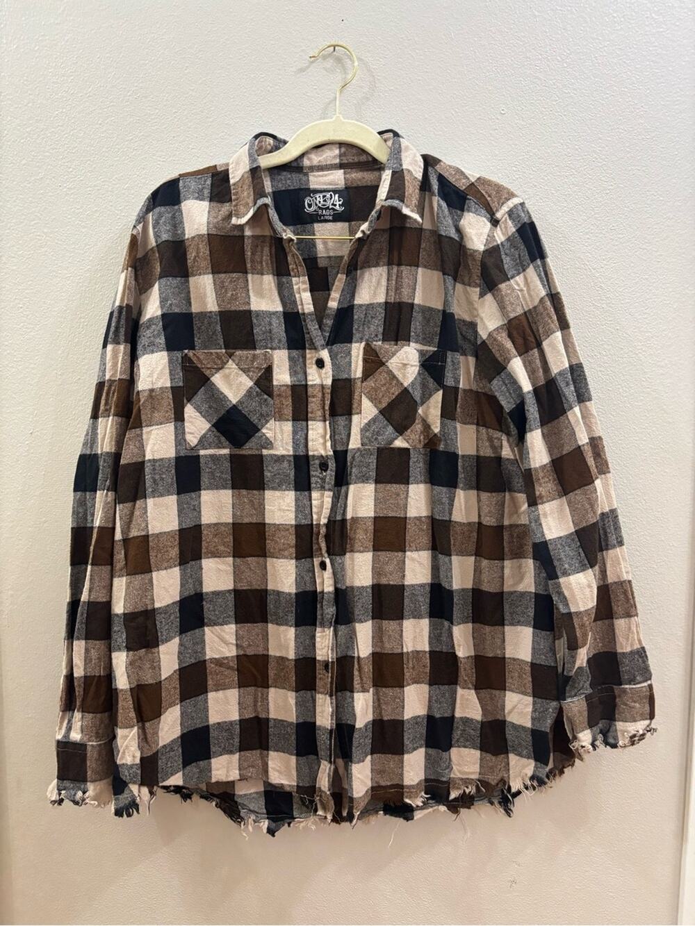 One 24 rags Brown Plaid Button-Up Shirt fringe flannel